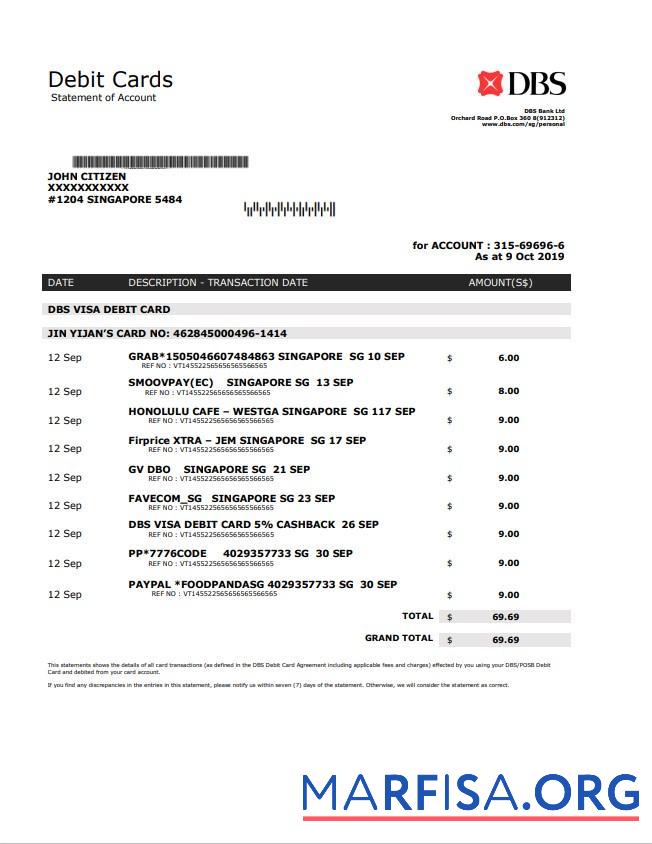 Downloadable Singapore DBS bank proof of address statement excel download for verification
